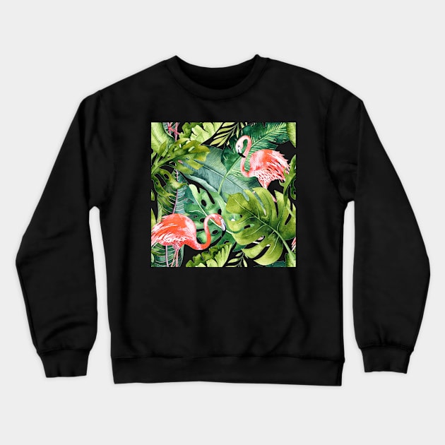 Pink Flamingos / Coral Orange and Dark Green Tropical Foliage Crewneck Sweatshirt by PixDezines